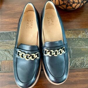 Naturalizer Black Loafers with Gold Accent Chain